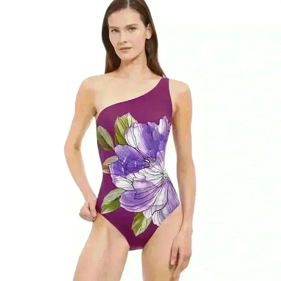 NWT Gottex Wild Flower One Shoulder One Piece Swimsuit Size 14 - Picture 4 of 5